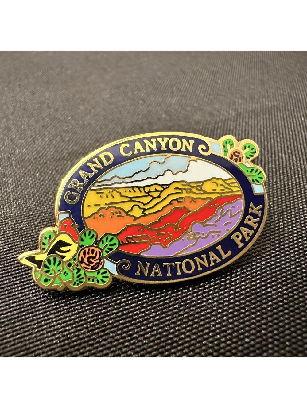 Grand Canyon National Park Enamel Souvenir Pin Vintage Style Cactus Bird EUC